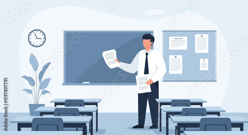 Teacher Explaining Lesson Standing With Paperwork In A Classroom Teaching Environment