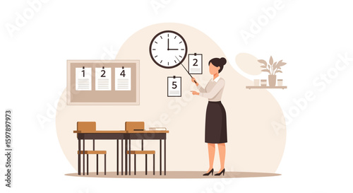 Teacher Explaining Time And Numbers In Classroom Setting Illustration