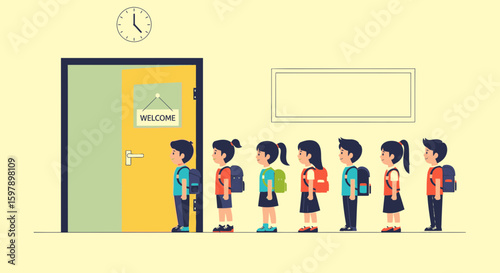 Schoolchildren With Backpacks Line Up At The Door To Go To Class