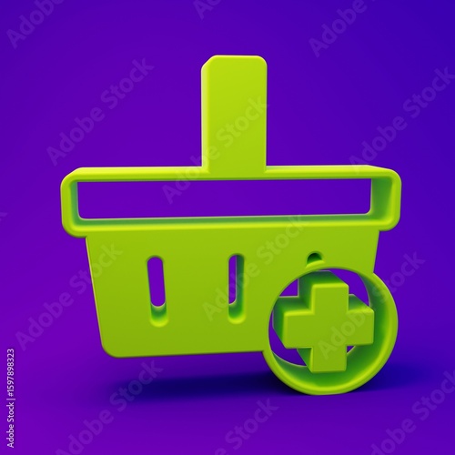 Green Add to Shopping basket icon isolated on purple-blue background. Online buying concept. Delivery service. Supermarket basket symbol. Minimalism concept. 3D render illustration