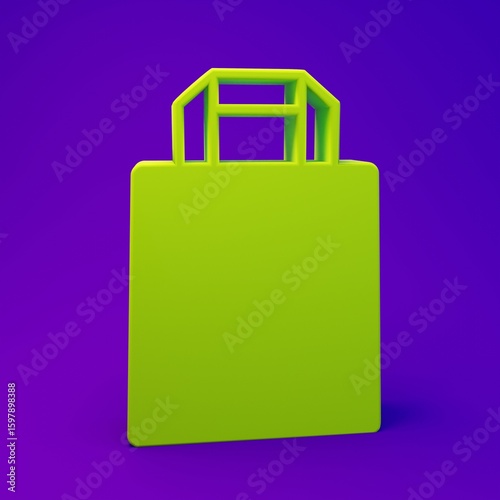 Green Paper shopping bag icon isolated on purple-blue background. Package sign. Minimalism concept. 3D render illustration