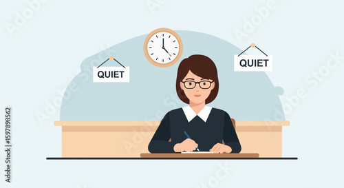 Teacher Supervising Exam With Quiet Signs And Clock In Classroom Illustration
