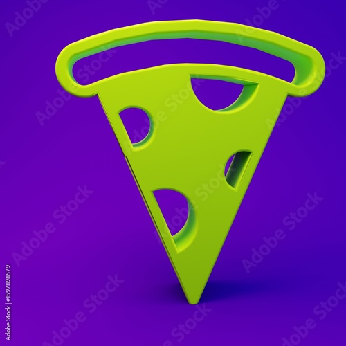 Green Slice of pizza icon isolated on purple-blue background. Fast food menu. Minimalism concept. 3D render illustration