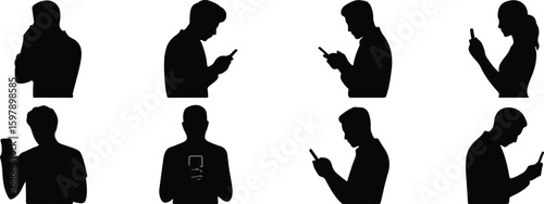 People silhouettes mobile phones smart phone interaction banner icon infographic illustration modern template minimal graphic design pattern poster creative technology communication digital connection