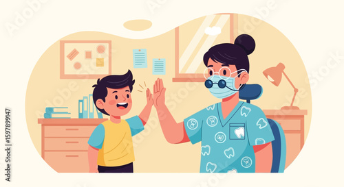 Young Patient Gives A High Five To His Dentist After A Checkup