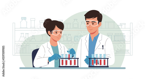 Teamwork In Lab: Two Scientists Conducting Research With Test Tubes