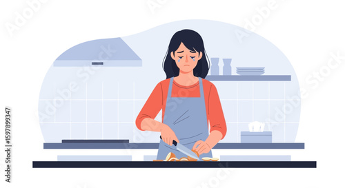 Tearful Preparation A Young Woman Cutting Onions While Crying In The Kitchen