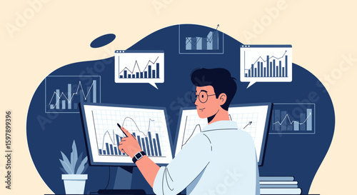 Young Professional Analyzing Financial Data on Multiple Computer Screens