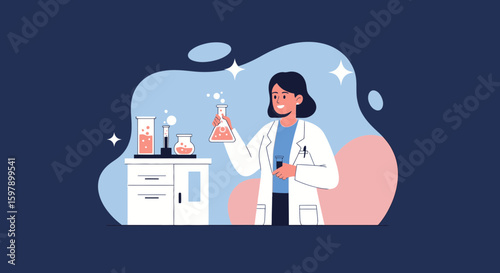 Young Scientist Analyzing Samples In Laboratory Wearing White Coat And Holding Beaker