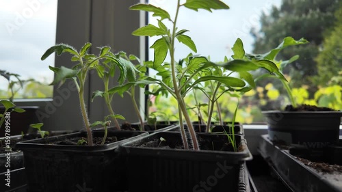 Closeup of tomato seedlings growing in small pots on a windowsill with natural light. Perfect for gardening content, eco-lifestyle videos 