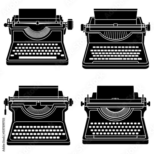 Four vintage typewriters in black silhouette each with paper inserted and detailed keypads and mechanisms