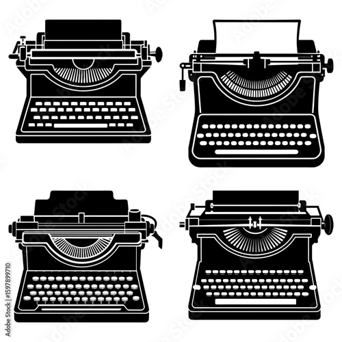 Four vintage typewriters in black silhouette with paper loaded ready for composing a novel or letter