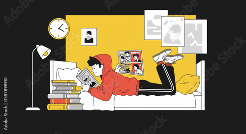 Teenager Relaxing At Home Enjoying Reading Comics Leisurely On The Bed