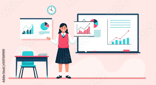 Young Student Giving A Presentation In Front Of Whiteboard At School Classroom