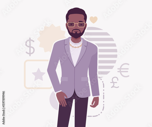 Dark skin currency trader financial market stock exchange stand pose. Stockbroker dealer, investment advisor vector flat style cartoon illustration, dollar, euro, pound currency signs background