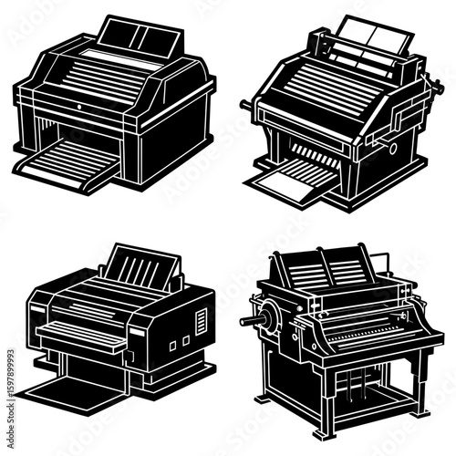 Four different styles of printers in black and white showcasing various printing technologies and designs