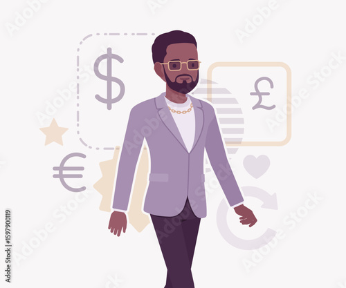 Dark skin currency trader financial market stock exchange walk pose. Stockbroker dealer, investment advisor vector flat style cartoon illustration, dollar, euro, pound currency signs background