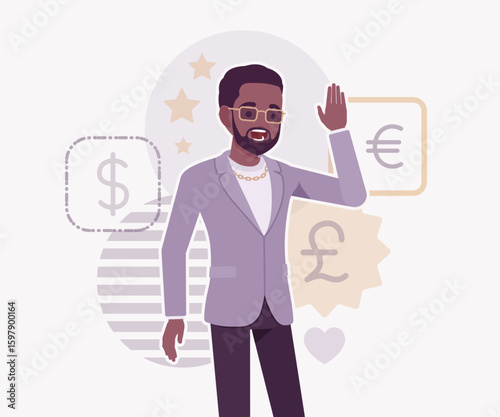 Dark skin currency trader financial market stock exchange greet pose. Stockbroker dealer, investment advisor vector flat style cartoon illustration, dollar, euro, pound currency signs background