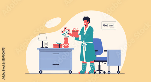 Thoughtful Man Bringing Gift And Flowers For Get Well Soon Wishes