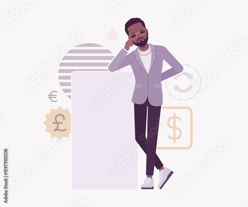 Dark skin currency trader financial market stock exchange board lean pose. Stockbroker dealer, investment advisor vector flat style cartoon illustration, dollar, euro, pound currency signs background