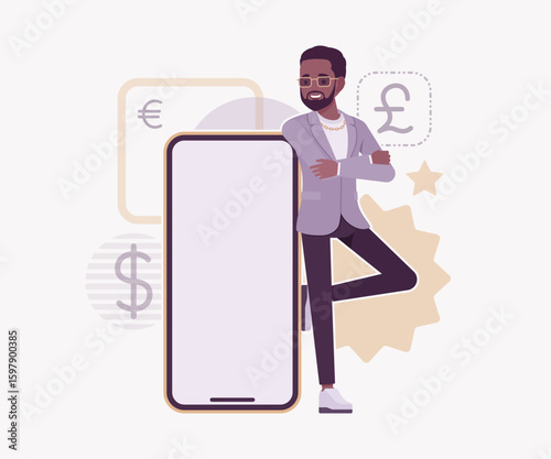 Dark skin currency trader financial market stock exchange smartphone lean pose. Stockbroker dealer, investment advisor vector flat style cartoon illustration, dollar, euro, pound currency background