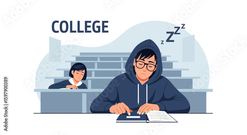 Tired College Student Asleep During Lecture While Classmate Study in Classroom