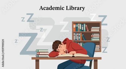 Tired Student Drowsing On Open Book Inside An Academic Library Design