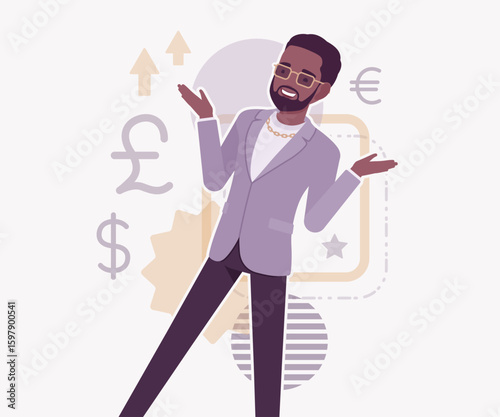 Dark skin currency trader financial market stock exchange mentor pose. Stockbroker dealer, investment advisor vector flat style cartoon illustration, dollar, euro, pound currency signs background