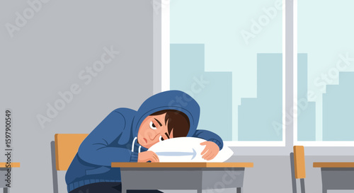 Tired Student Leaning On Pillow Over Desk In Classroom Feeling Depressed