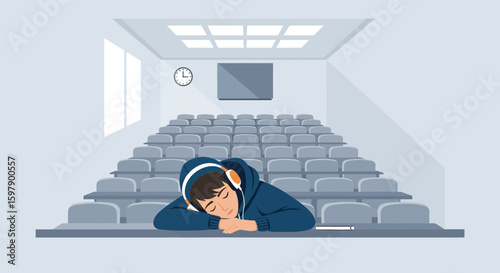 Tired Student Napping In Lecture Hall With Headphones On Campus