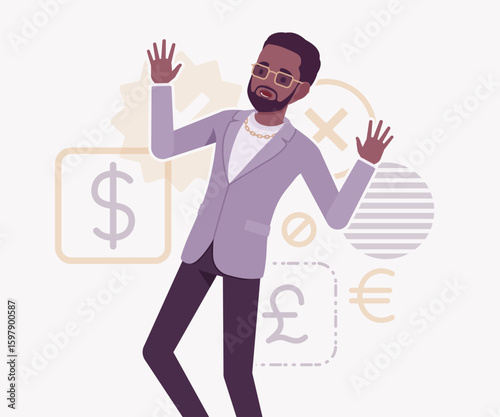 Dark skin currency trader financial market stock exchange presenting pose. Stockbroker dealer, investment advisor vector flat style cartoon illustration, dollar, euro, pound currency signs background