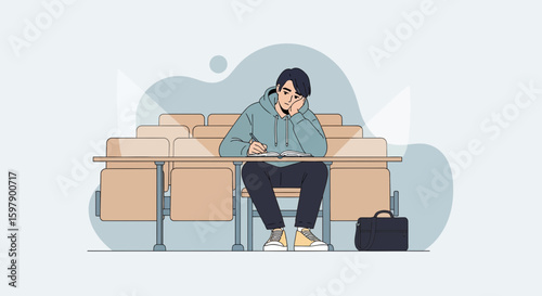 Tired Student Studying In Empty Classroom Before The Exam Day