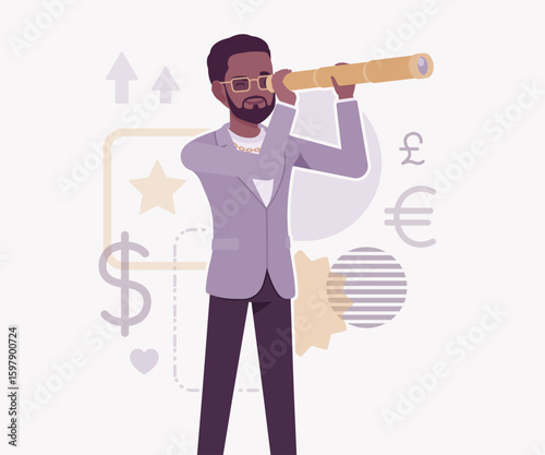Dark skin currency trader financial market stock exchange vision pose. Stockbroker dealer, investment advisor vector flat style cartoon illustration, dollar, euro, pound currency signs background