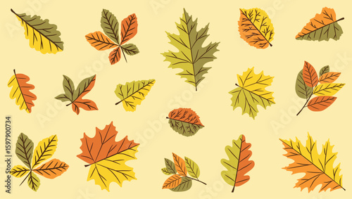 Vector set of autumn leaves on a cream background. It includes stylized images of oak, maple, birch, chestnut and other trees in an autumn color palette. For creating autumn designs, postcards, invita