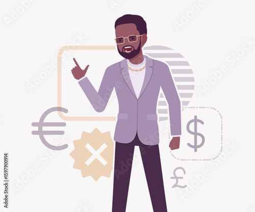 Dark skin currency trader financial market stock exchange talk pose. Stockbroker dealer, investment advisor vector flat style cartoon illustration, dollar, euro, pound currency signs background