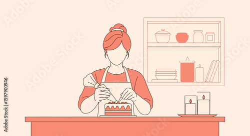 Young Woman Decorating Delicious Cake With Cream In Kitchen At Home