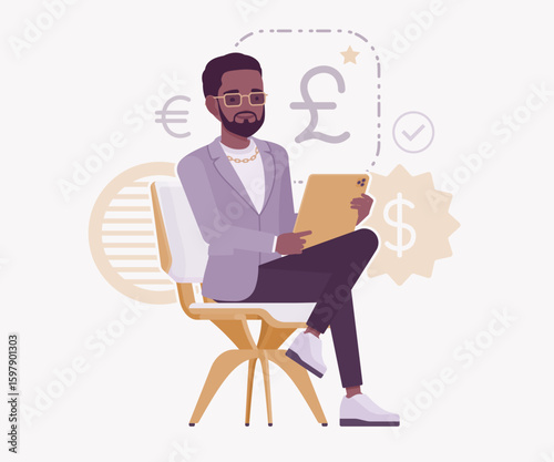 Dark skin currency trader financial market stock exchange tablet pose. Stockbroker dealer, investment advisor vector flat style cartoon illustration, dollar, euro, pound currency signs background