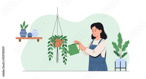 Young Woman Enjoying Caring For Houseplants With Watering Can At Home Interior
