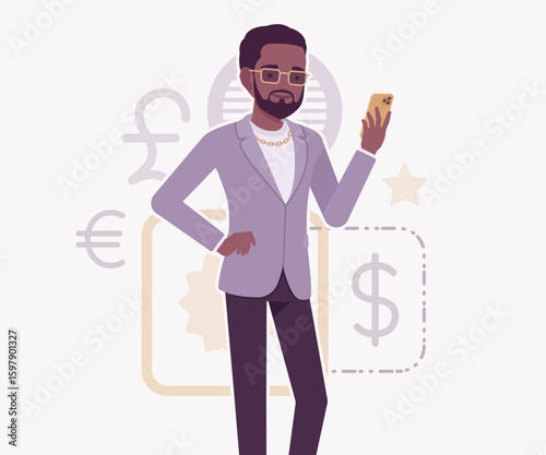 Dark skin currency trader financial market stock exchange phone user pose. Stockbroker dealer, investment advisor vector flat style cartoon illustration, dollar, euro, pound currency signs background