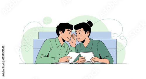 Two Students Sharing Secrets While Studying Together In College Classroom