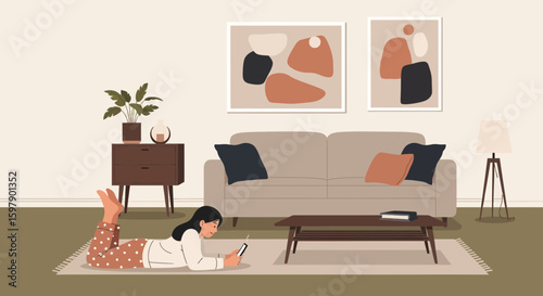 Young Woman Enjoying Digital Media On Her Mobile Device In Cozy Home Setting