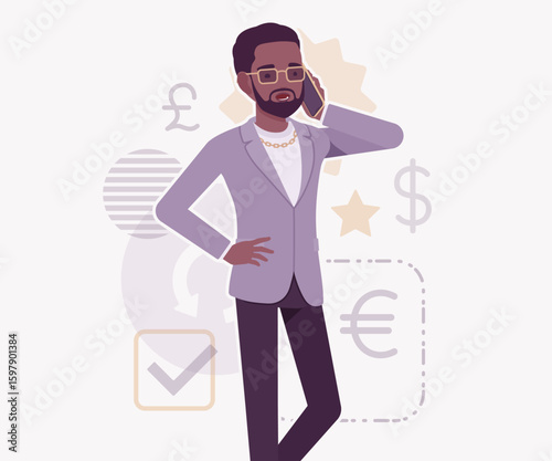 Dark skin currency trader financial market stock exchange phone call pose. Stockbroker dealer, investment advisor vector flat style cartoon illustration, dollar, euro, pound currency signs background