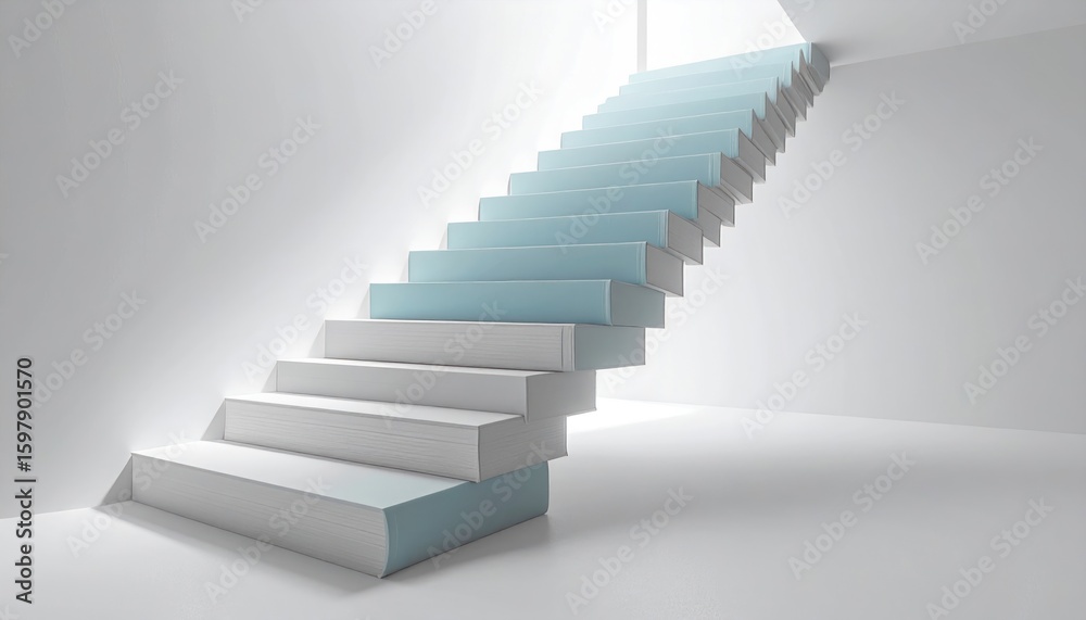 Obraz premium Abstract Staircase Construction Made From Financial Books In Blue And White Isolated Background Depicting Savings And Investment