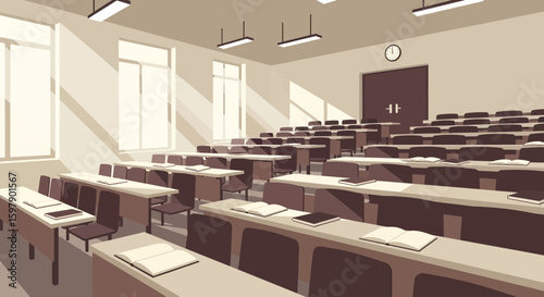 University Lecture Hall Interior With Study Books And Sunlight Streaming Through Windows