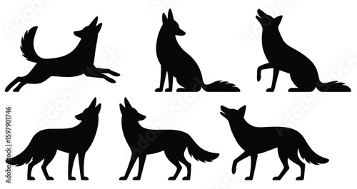 Set of Wolf Silhouettes in Various Poses — Black Animal Icons Depicting Wild Canines Running, Howling, and Standing for Nature Designs