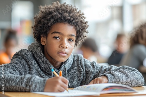 Young student focused on work in a busy classroom environment