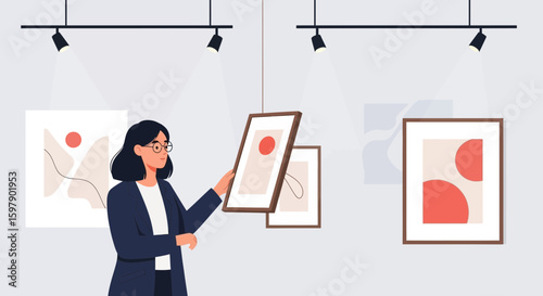 Young Woman Inspecting Paintings At Art Gallery Exhibition Of Modern Art