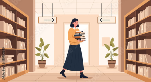 Young Woman Holding Pile Of Books In Library Full Of Bookshelves