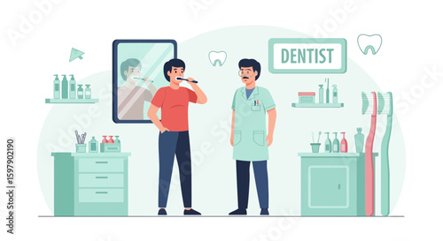 Visiting Dentist Patient Brushing Teeth At Clinic Healthcare Concept