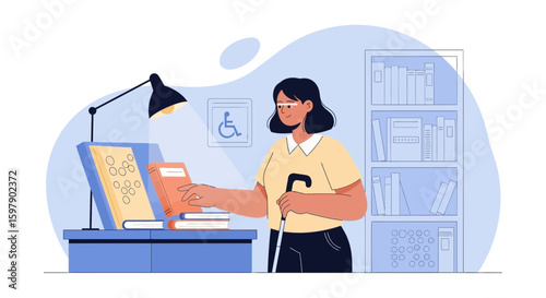 Visually Impaired Woman Accessing Library Resources And Assisted Reading Technologies